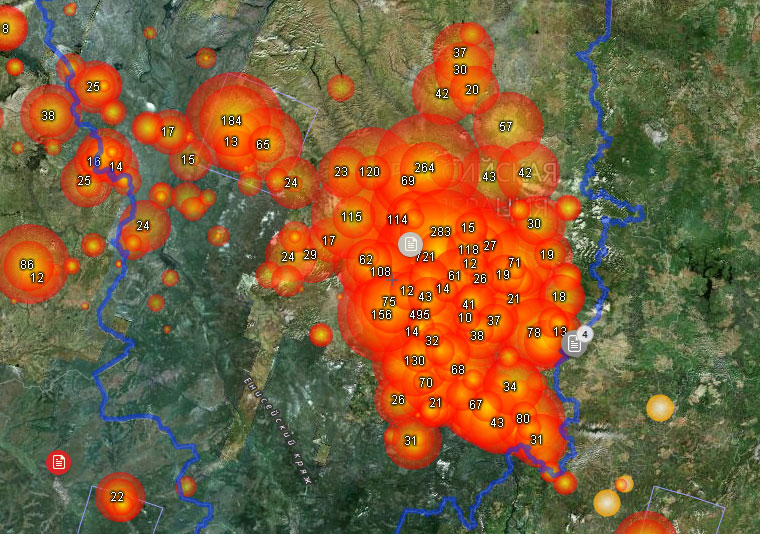 В Красноярском крае горит то ли 6045 га леса, то ли 1,1 млн га. Скриншот с сайта fires.kosmosnimki.ru.